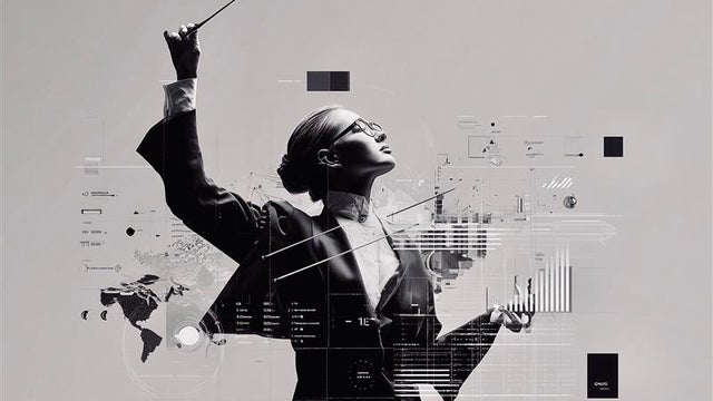 Illustration of a woman conducting an orchestra with overlays of graphs and charts