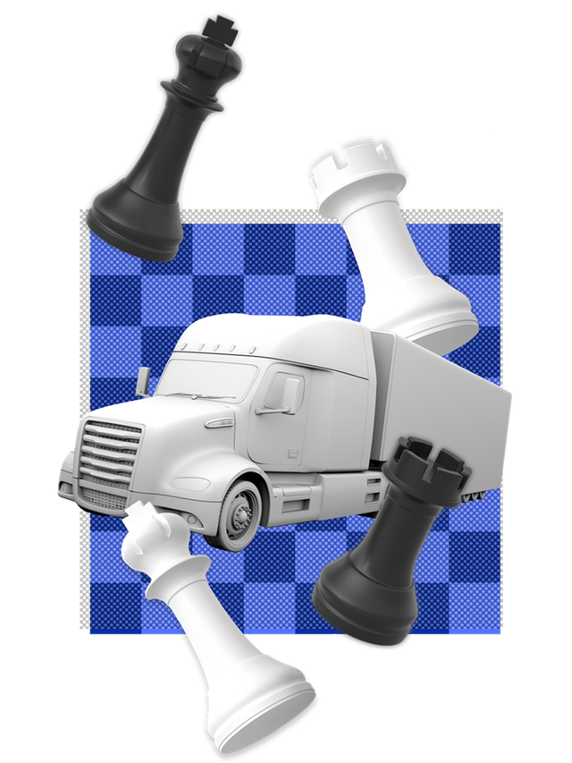 White truck with chess pieces over a checkerboard background.