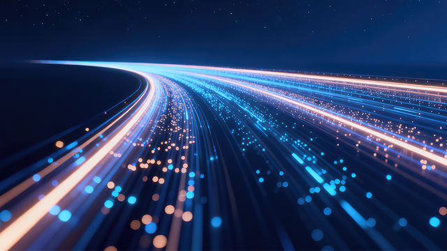 Futuristic glowing data highway with blue and orange light trails