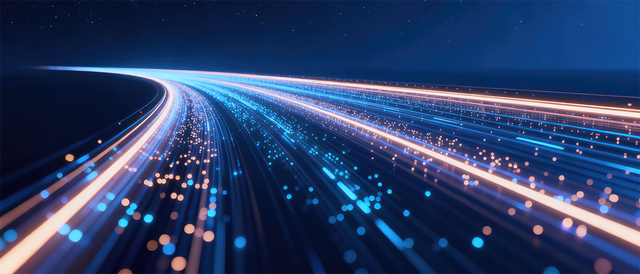 Futuristic glowing data highway with blue and orange light trails