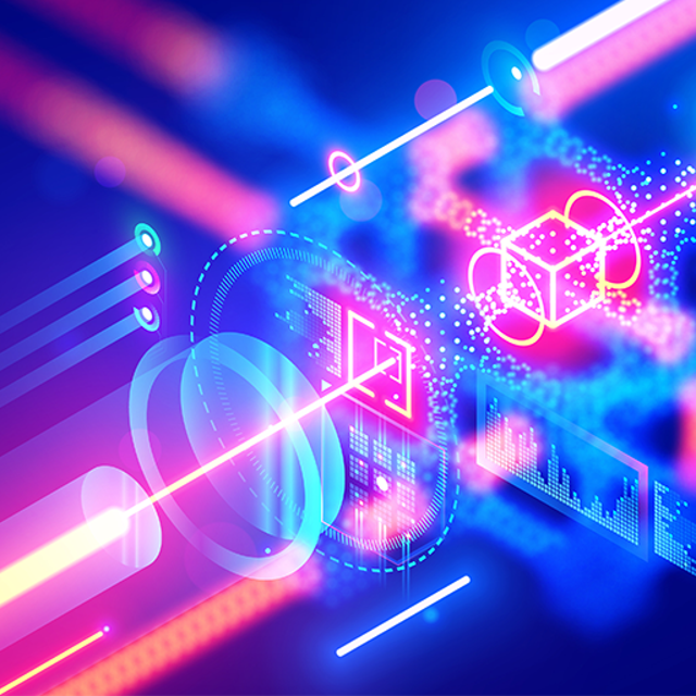 Close-up of quantum computer glowing qubits