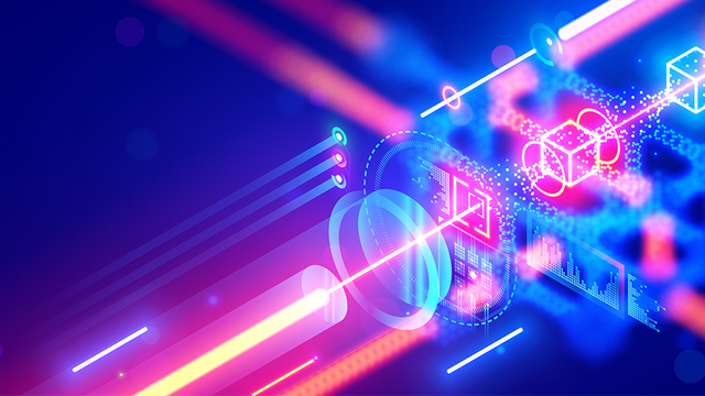 Close-up of quantum computer glowing qubits