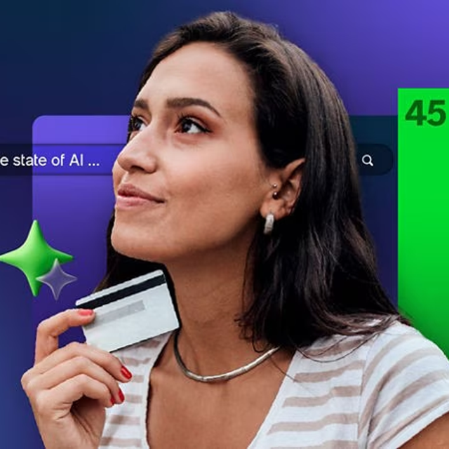 Female holding a credit card with a green chart behind her on a purple background