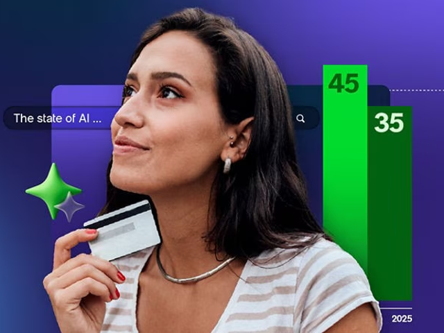 Woman holding a credit card to her neck in front of a purple background with a green bar chart