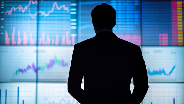 Silhouette of a man in front of a wall of screens displaying graphs and charts