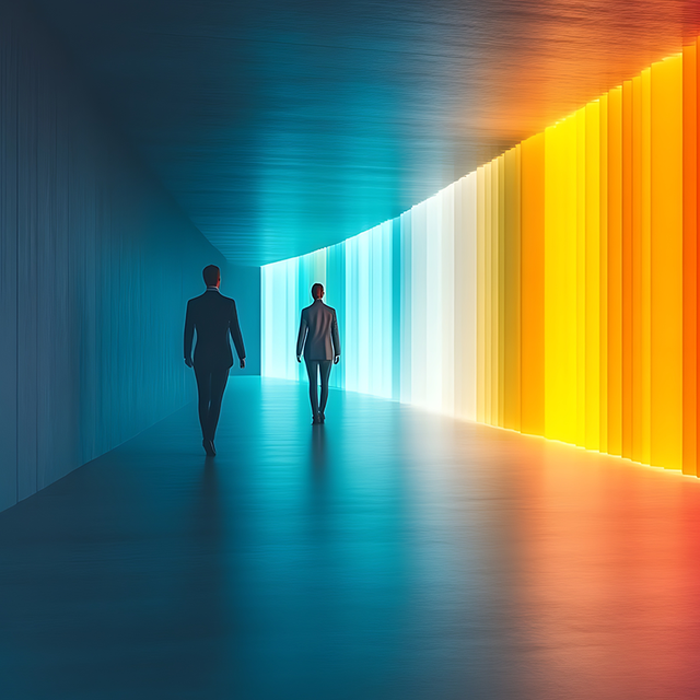 Two businesspeople walking toward vibrant, colorful light 