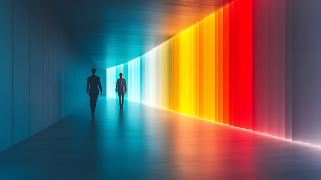 Two businesspeople walking toward vibrant, colorful light
