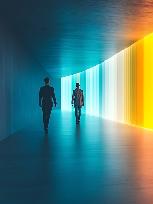 Two businesspeople walking toward vibrant, colorful light