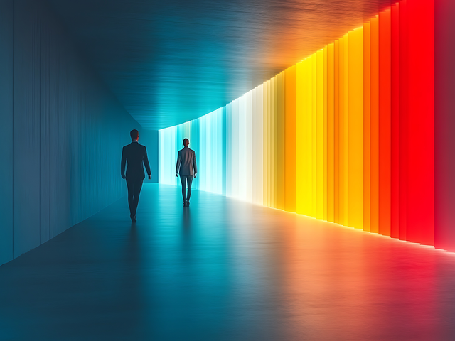 Two businesspeople walking toward vibrant, colorful light
