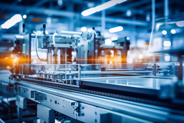Clean, metallic assembly line surface with a blurred, dynamic factory background