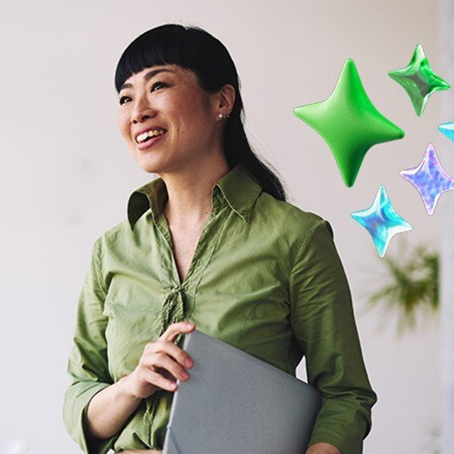Woman holding a closed laptop looking to the right, with four-pronged stars on her left to represent AI