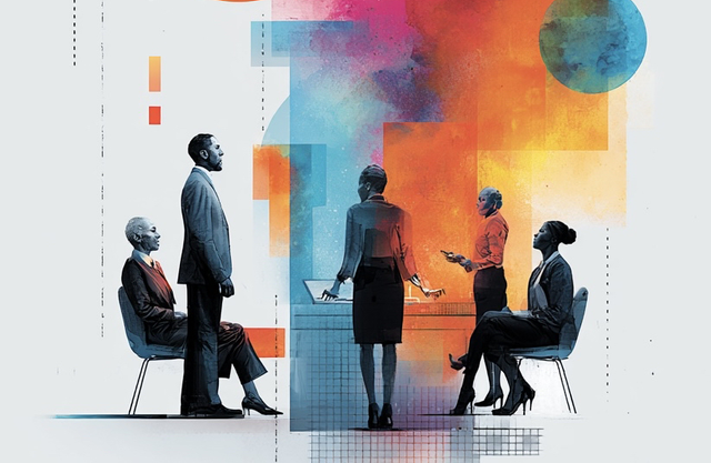 Woman wearing a headset doing fist pumps in a line of call center workers