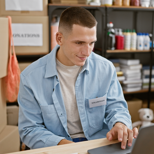 Volunteer in a stockroom smiling at an open laptop