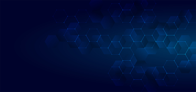 Abstract blue glowing hexagons shape pattern on dark background
