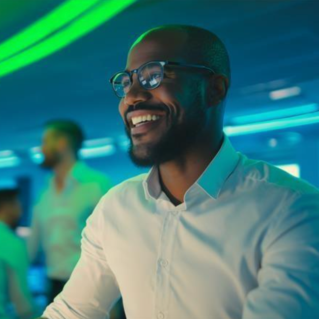 Man smiling at a computer screen in a busy office