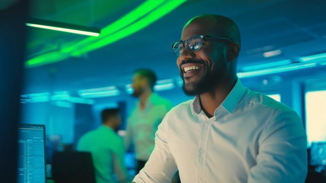 Man smiling at a computer screen in a busy office