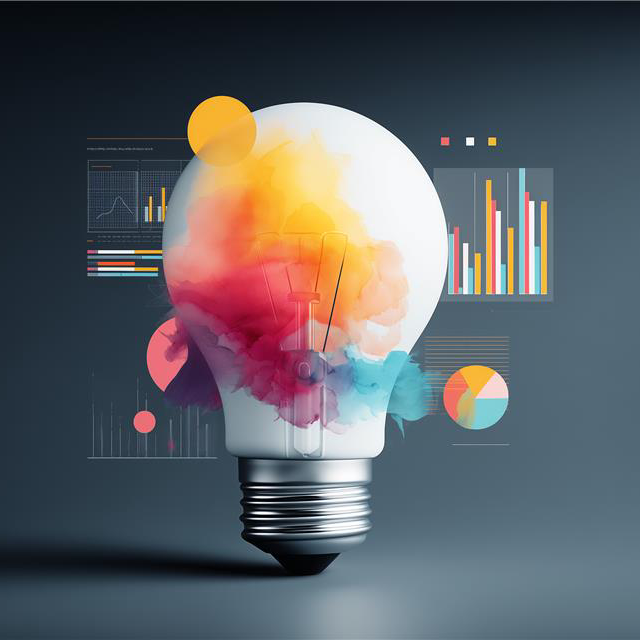 Colorful lightbulb flanked by three graphs