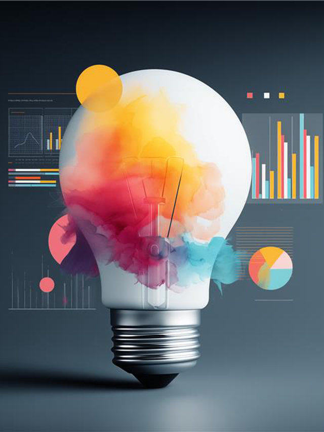 Colorful lightbulb flanked by three graphs