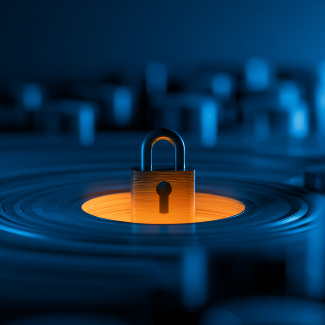 A lock standing on a yellow circle surrounded by blue circles and raised structures in the background