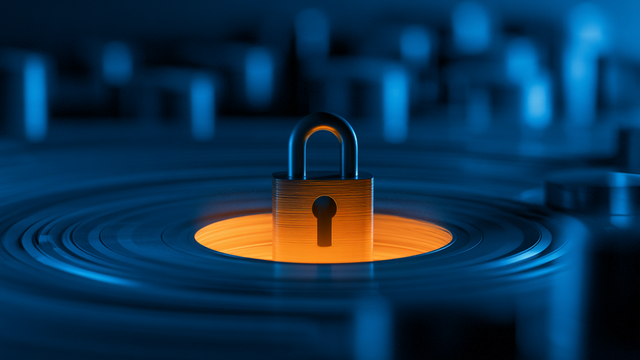 A lock standing on a yellow circle surrounded by blue circles and raised structures in the background