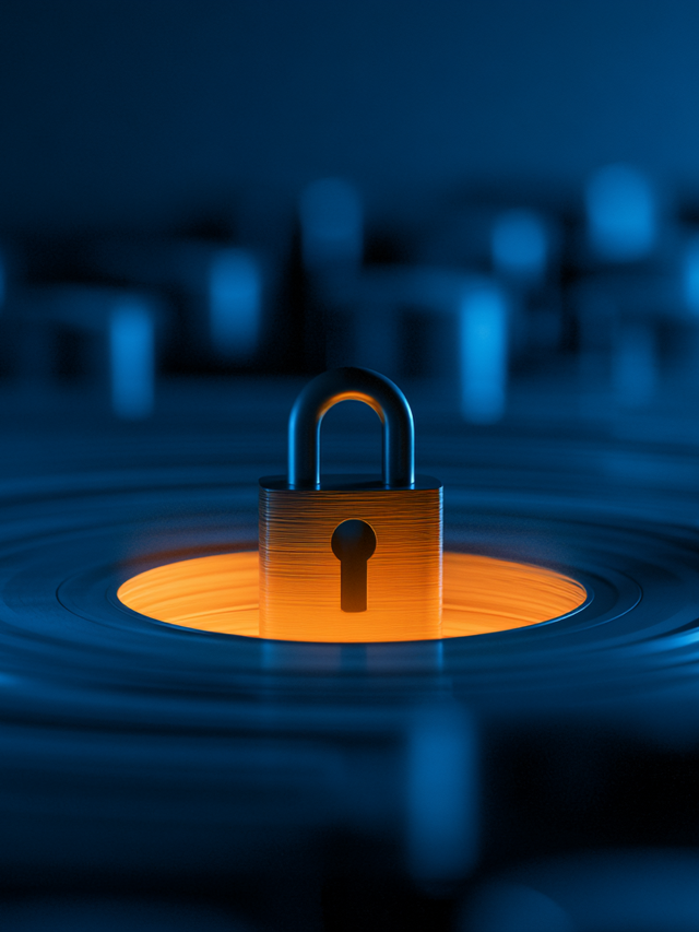 A lock standing on a yellow circle surrounded by blue circles and raised structures in the background