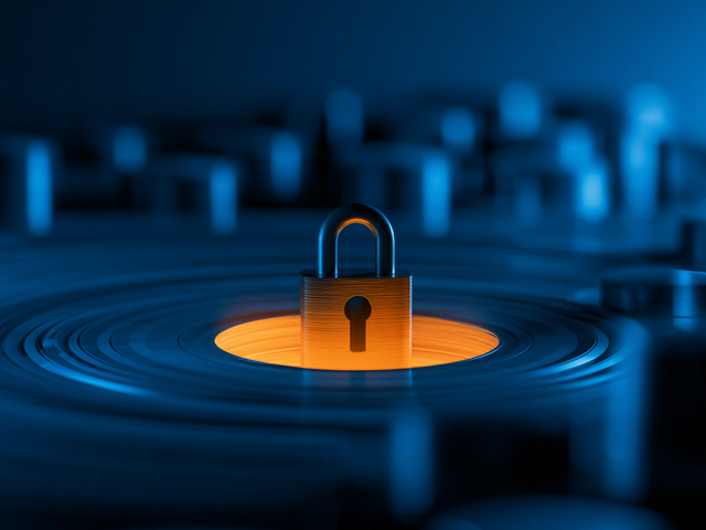 A lock standing on a yellow circle surrounded by blue circles and raised structures in the background