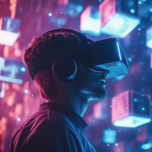 A man wearing a virtual reality headset in a futuristic environment with neon lights and floating cubes