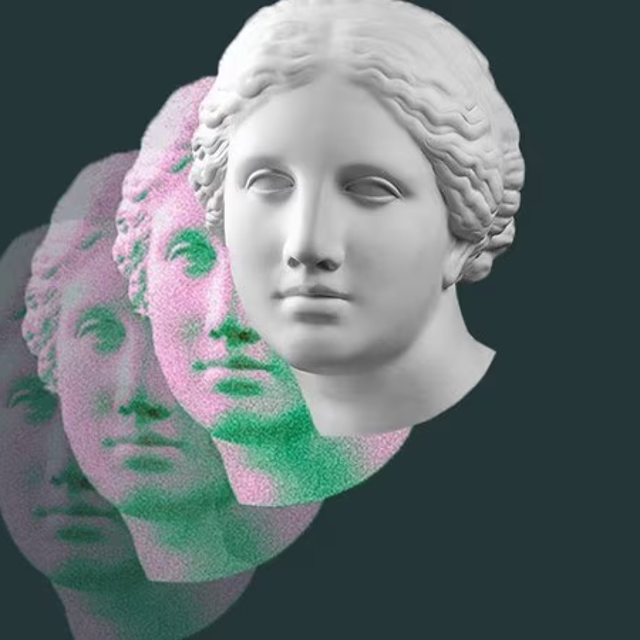 Sculptured head with three dimmer copies of it