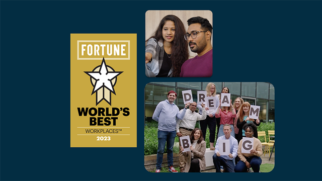 Fortune World's Best Workplaces 2023, ServiceNow employees holding up letters that spell Dream Big