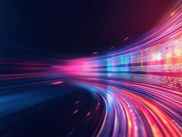 Futuristic digital landscape with vibrant light trails and data streams 