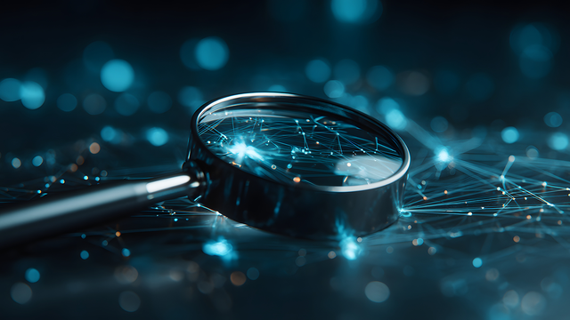 Magnifying glass inspecting blue lights 