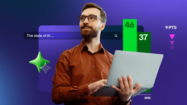 Man holding a laptop in his arms while looking away in front of a purple background with a green bar chart