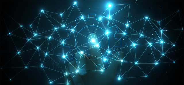 Light blue dots on a black background connected by lines with a circle in the middle