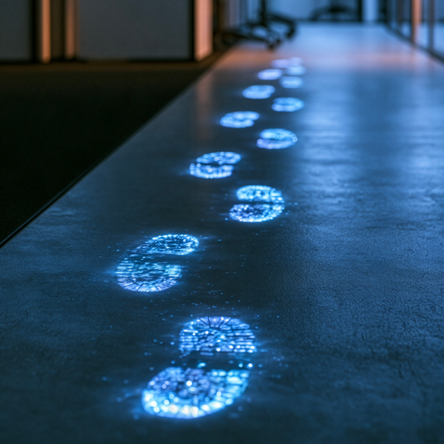 Illuminated blue footprints glowing in a dark office