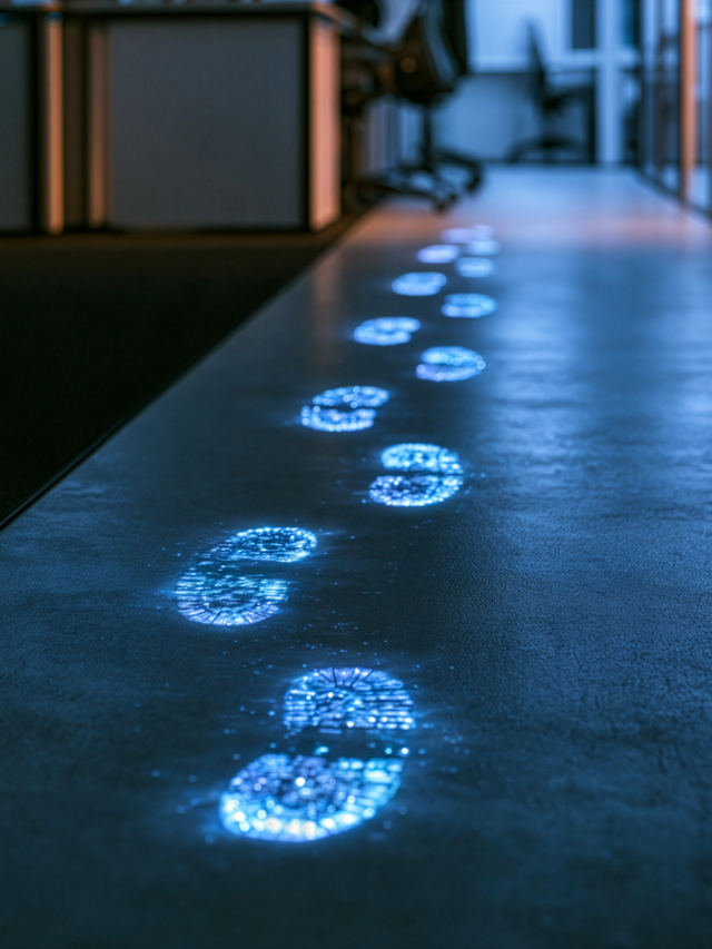 Illuminated blue footprints glowing in a dark office
