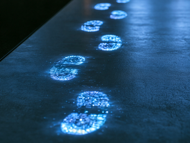 Illuminated blue footprints glowing in a dark office