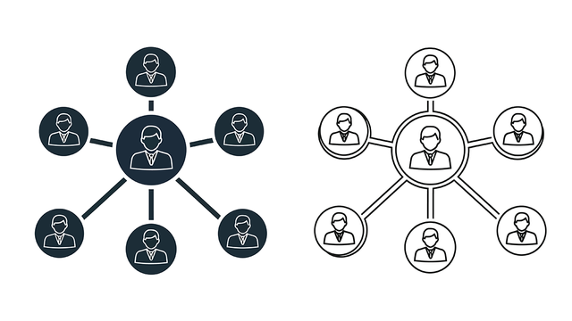 Depiction of two companies, each represented by a circle of people around a leader