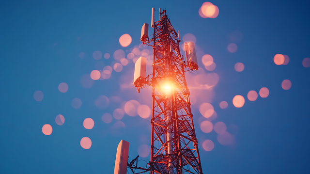 Telecommunications tower silhouette against a vivid blue sky