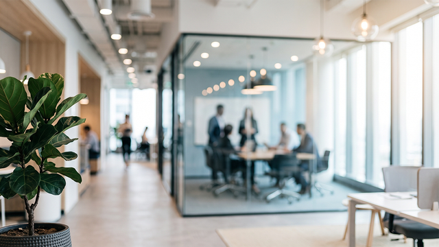 Blurry office setting with workers in a meeting