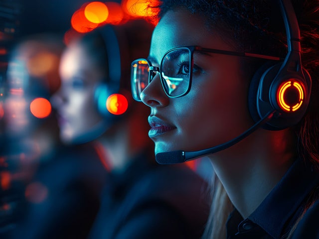 Woman wearing a futuristic headset and looking at glowing lights