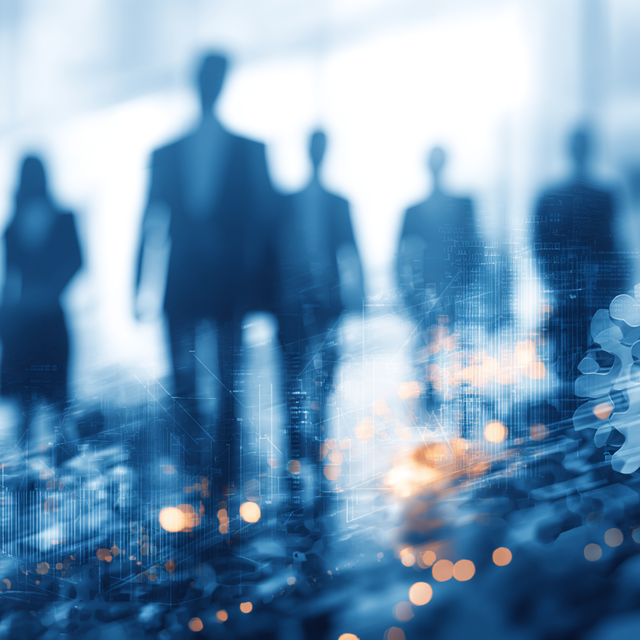 Blurred illustration of a group of people dressed as agents walking