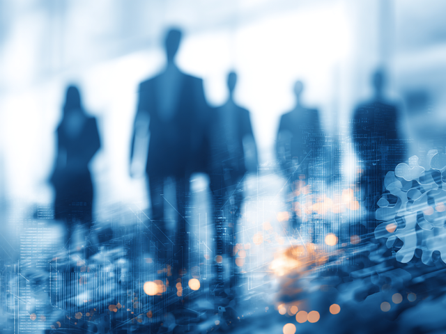Blurred illustration of a group of people dressed as agents walking