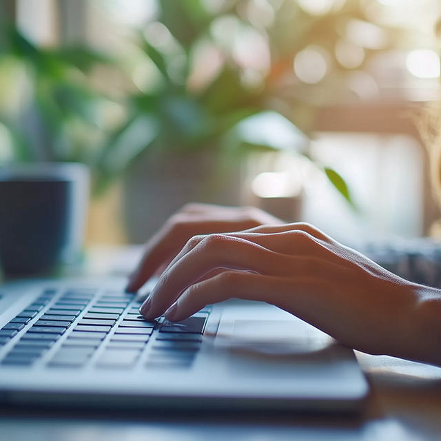 Close-up of a woman typing on a laptop with a green plant on the desk