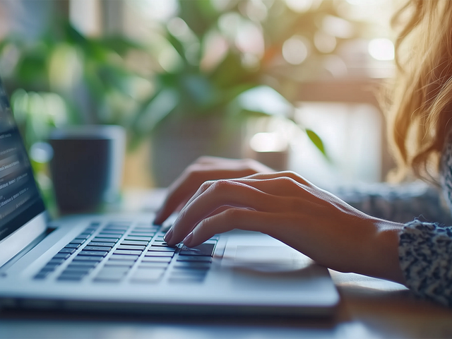 Close-up of a woman typing on a laptop with a green plant on the desk