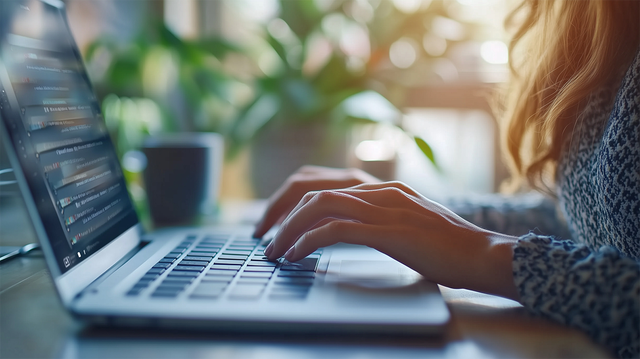 Woman's hands typing on a laptop with green plants in the background