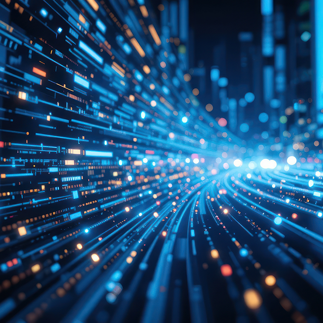 Futuristic data stream highway through city at night