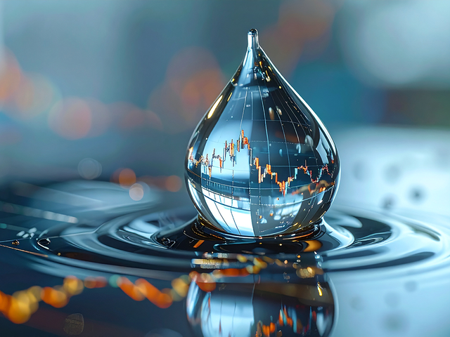 A close-up view of a water droplet reflecting graph and data lines