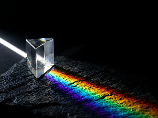 A ray of light refracting through a prism into a rainbow