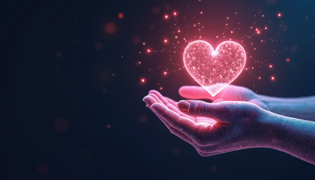 Two hands hold glowing digital heart against dark background.
