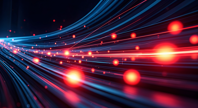 High-speed data streams with glowing red lights
